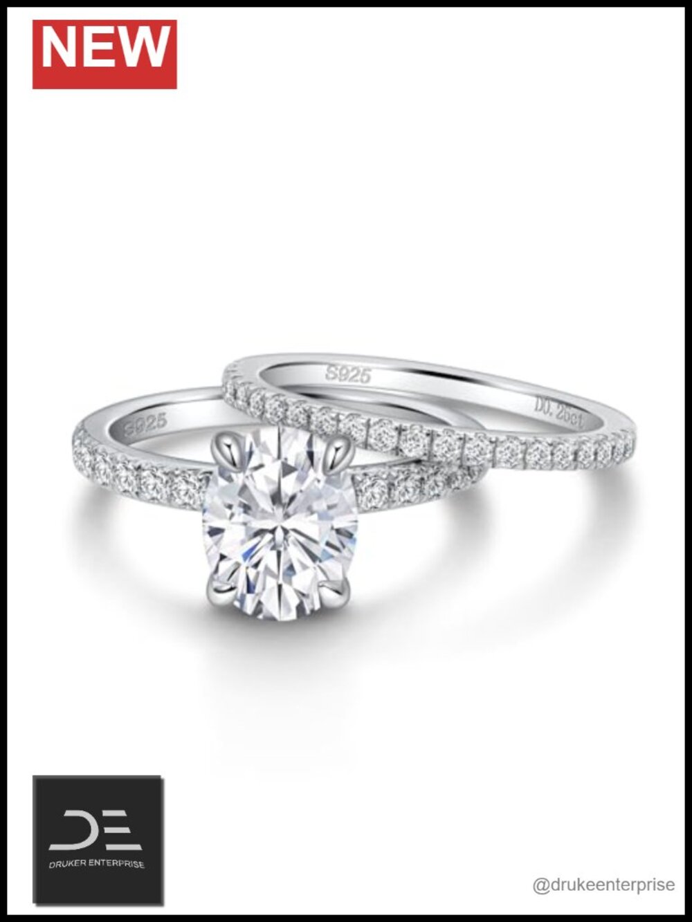 2ct Oval Moissanite Engagement Ring Set Sterling Silver S925 2 Bands Size 7